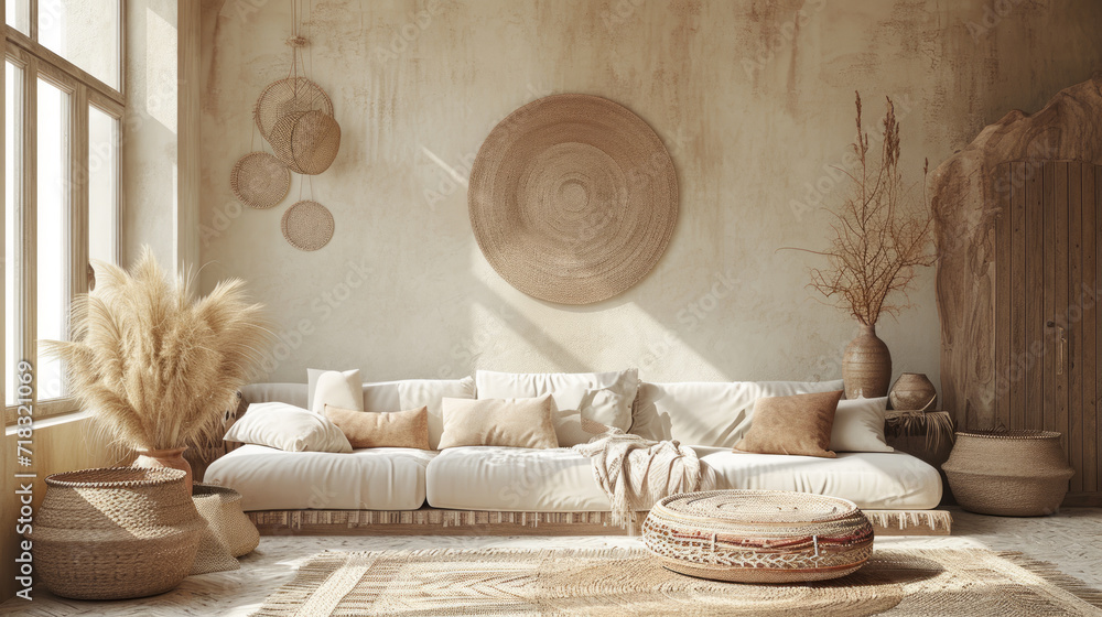 Wall mockup in nomadic boho interior background with rustic decor, . Generative Ai Wall mockup in nomadic boho interior background with rustic decor, . Generative Ai