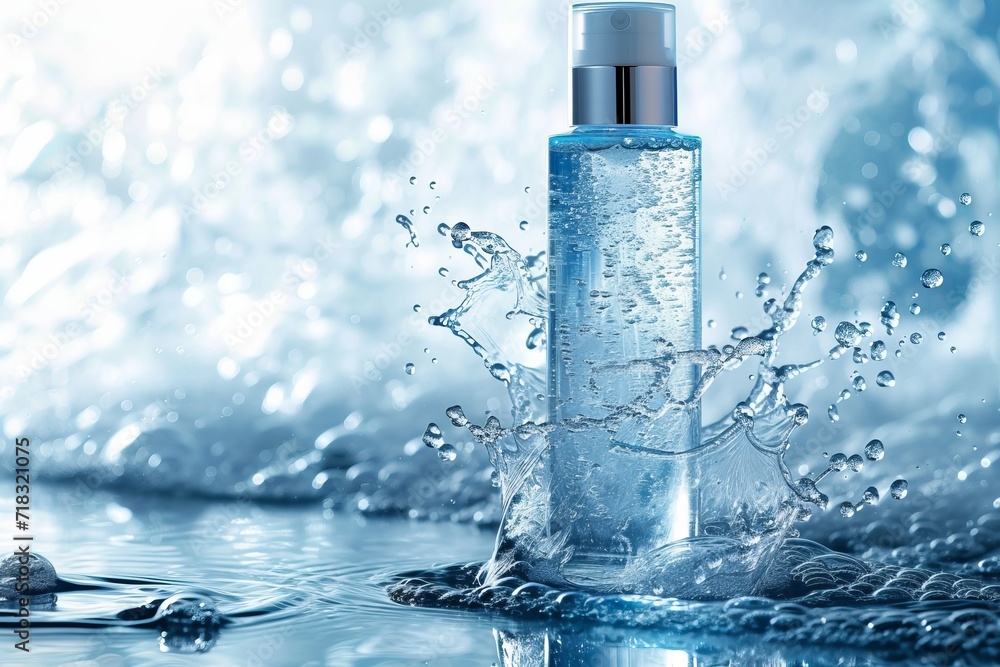 Clear blue skincare bottle with water splashing around Clear blue skincare bottle with water splashing around