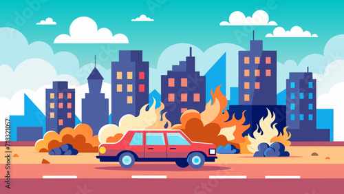 Car fire in urban setting vector illustration with cityscape