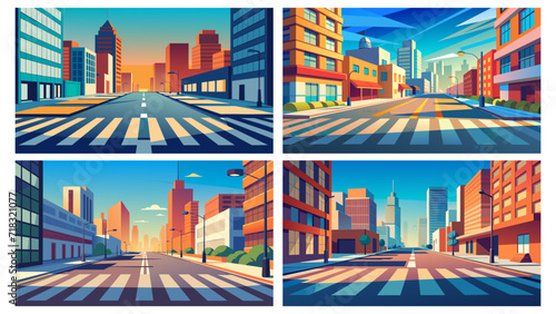 Urban cityscape vector illustration set - downtown streets and skyscrapers