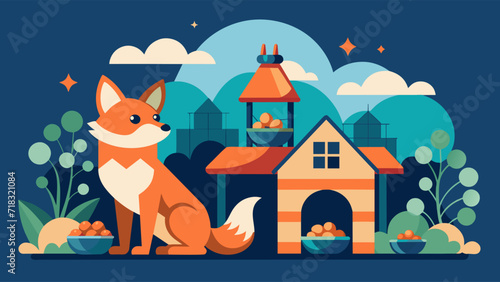 Stylized fox in a whimsical garden with lighthouse and cottages