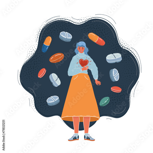 Vector illustration of woman who has chest pain, medicine pills around isolated on dark background.