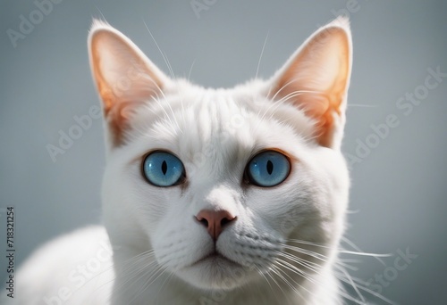 Close up portrait of a white cat with blue eyes looking directly at viewer Isolated on gray background