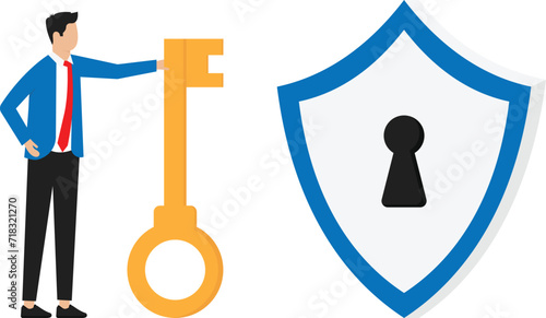 account security and businessman holding key to access security system protecting user account data and password to login.
