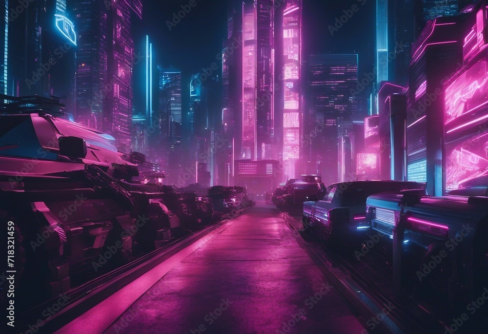 Cyberpunk Cityscape with Blue and Pink Neon lights Night scene with Advanced Superstructures and Cars on the Road