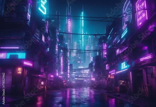 Cyberpunk Metropolis with Purple and Cyan Neon lights Night scene with Futuristic Superstructures View from Road to The Top of Buildings
