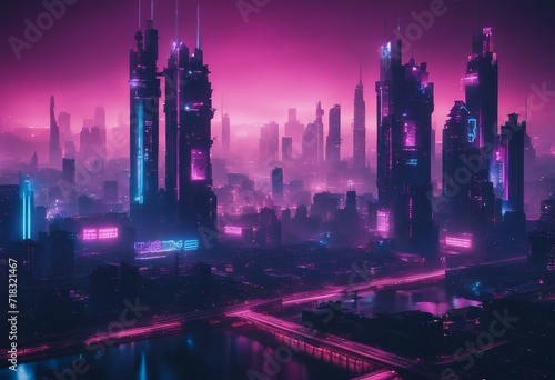 Cyberpunk Cityscape with Blue and Pink Neon lights Night scene with Advanced Superstructures Skyscrapers and Roads