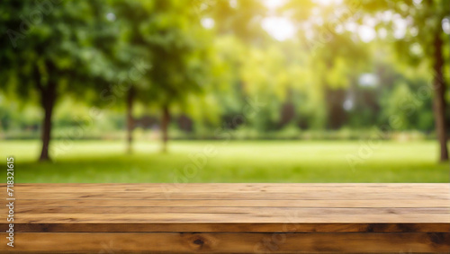 An empty wooden plane table on a blurred background of a city park on a summer day