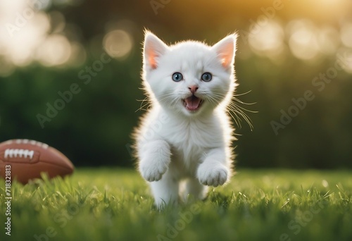 Fluffy white kitten running happily in green grass looking directly at the camera