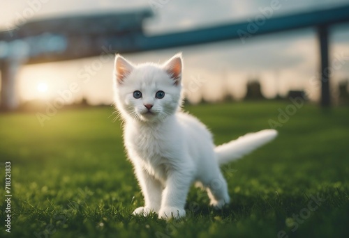 Fluffy white kitten standing with both paws in green grass looking directly at viewer
