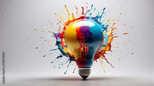 Creative light bulb explodes with colorful paint and colors on light background. Color splash in bulb with colorful background. New idea, brainstorming concept. Generative AI