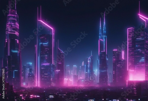 Futuristic Cityscape with Blue and Pink Neon lights Night scene with Advanced Skyscrapers
