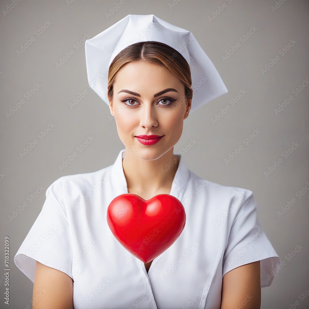 Young female doctor holding a red heart, nurse in white coat, medicine, health care Young female doctor holding a red heart, nurse in white coat, medicine, health care
