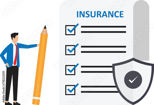 Flat Metaphor Poster Presenting Insurance Services. Cartoon Male Customer and Agent Shaking Hands over Huge Safe Contract
