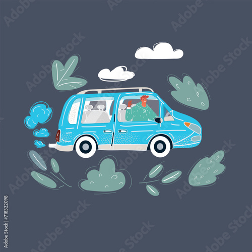 Vector illustration of young man rides in a car on dark bacground.