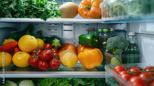 Refrigerator filled with healthy food vegetables and fruits close-up