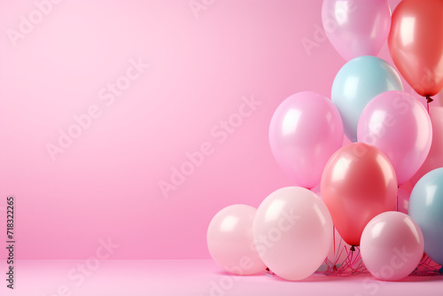 Border from colorful balloons for birthday on pastel pink table top view. Flat lay style. © Anastasia