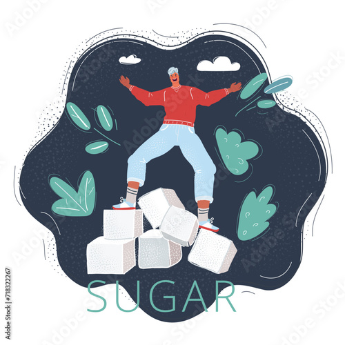 Vector illustration of man balanced on big sugar cube on dark background.