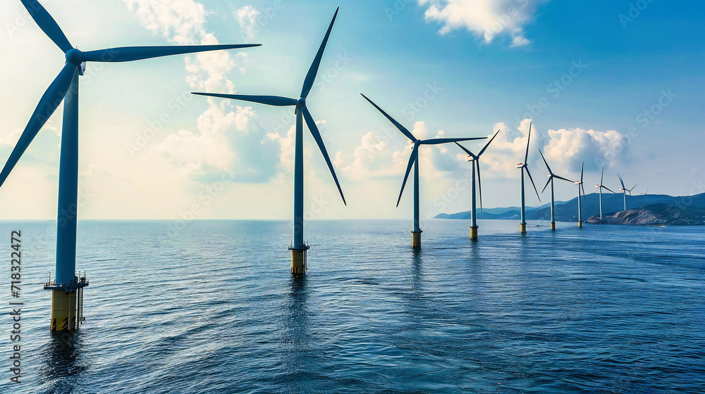 Wind Turbines in the Sea, Sustainable Energy Generation, Environmental Technology, Ocean Landscape with Renewable Power Wind Turbines in the Sea, Sustainable Energy Generation, Environmental Technology, Ocean Landscape with Renewable Power