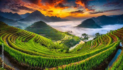 Zielone pola ryżowe na tle gór we mgle, Wietnam