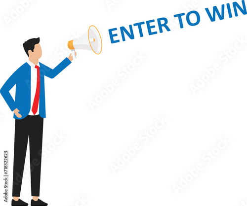 Male hand holding megaphone with enter to win speech bubble. Loudspeaker. Banner for business, marketing and advertising concept
