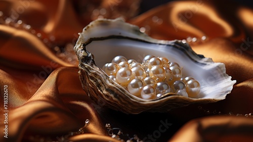 a close up of a pearl in a shell on a brown satin material with pearls on the inside of the shell.