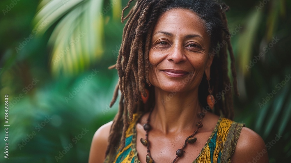Portrait of a mature woman with dreadlocks looking at the camera with a smile, lifestyle of freedom, hippies. Portrait of a mature woman with dreadlocks looking at the camera with a smile, lifestyle of freedom, hippies.
