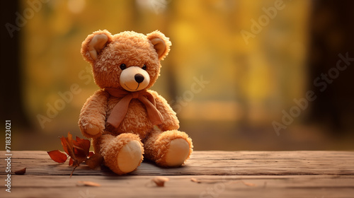 picture of a cute teddy bear sitting on a bench outdoor with leaves and autumn atmosphere