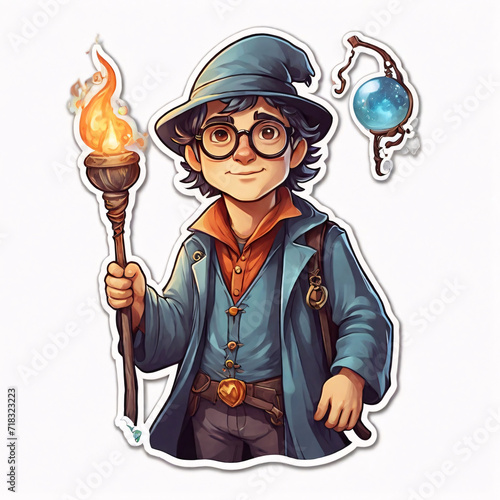 illustration of young magician with glasses like a sticker photo