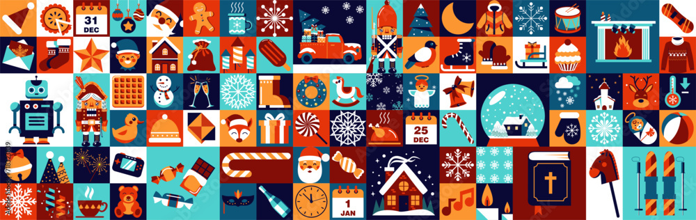 Abstract geometric winter background. A large collection of Christmas holidays. Merry Christmas and Happy New Year! Mosaic style.