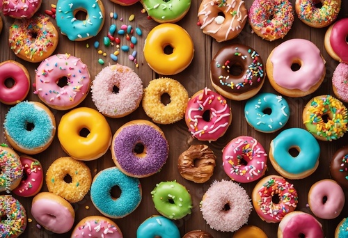 Many colorful frosted cake donuts with candy sprinkles stacked in rows laying on wood table isolated (3)