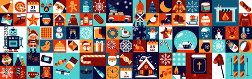 Abstract geometric winter background. A large collection of Christmas holidays. Merry Christmas and Happy New Year! Mosaic style.