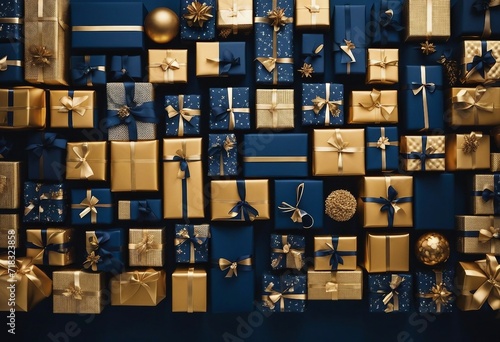 Modern Gold and Navy Blue Christmas Background with copy-space Precisely arranged Festive Gifts top view