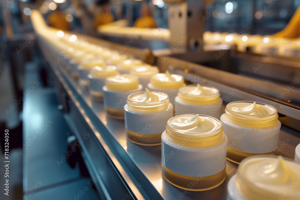 The image captures a state-of-the-art manufacturing line in a cosmetics factory, where jars are systematically being filled with a luscious yellow skincare product The image captures a state-of-the-art manufacturing line in a cosmetics factory, where jars are systematically being filled with a luscious yellow skincare product