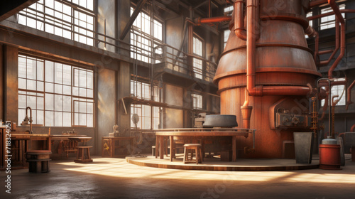 A spacious vintage brewery interior bathed in sunlight, featuring copper distilling equipment and wooden furniture. photo