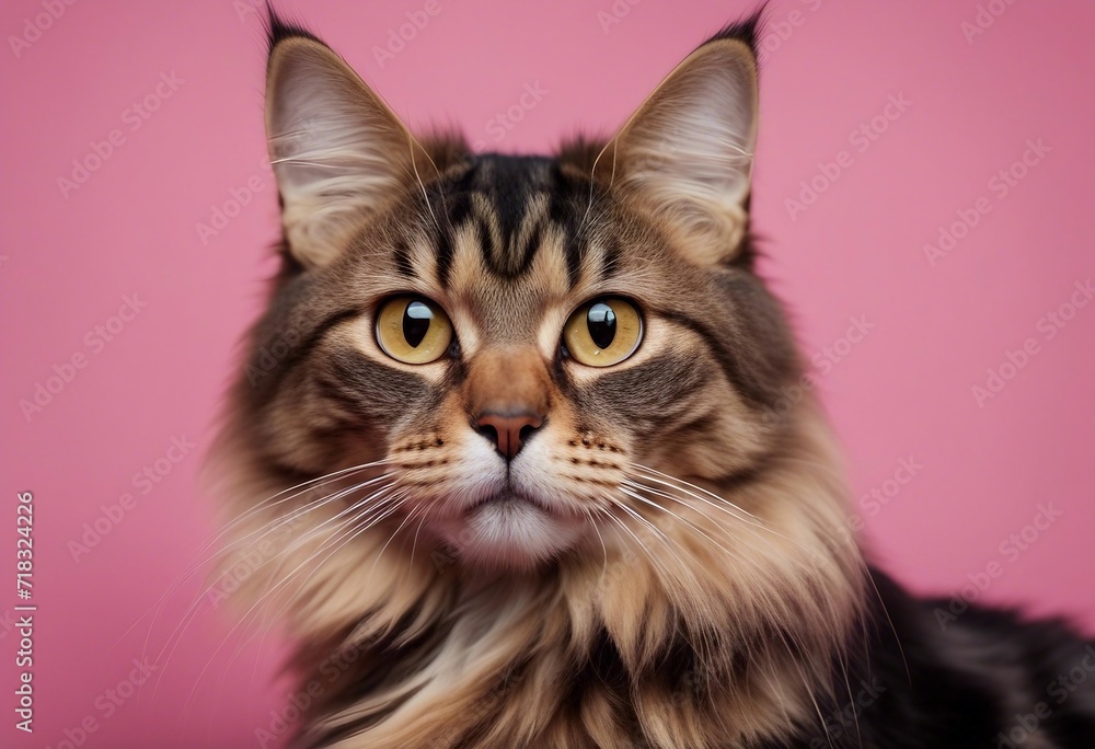Portrait of a curios long haired black and tan tabby cat with bright yellow eyes looking at viewer curiously Portrait of a curios long haired black and tan tabby cat with bright yellow eyes looking at viewer curiously