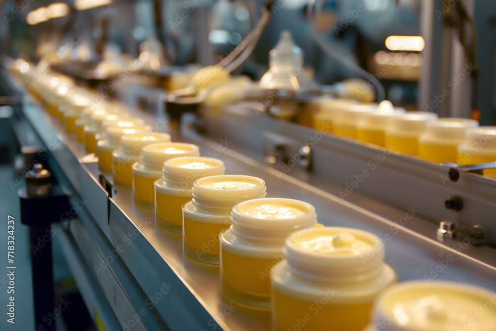 A series of open jars containing a golden-hued beauty cream progresses down an industrial conveyor belt, showcasing the efficiency of cosmetic manufacturing A series of open jars containing a golden-hued beauty cream progresses down an industrial conveyor belt, showcasing the efficiency of cosmetic manufacturing