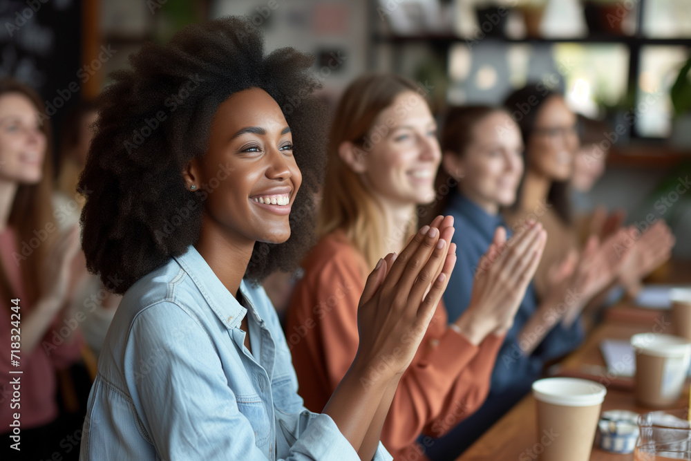 An image capturing the moment of employee recognition with colleagues applauding and celebrating a standout team member. Focus on the joy and appreciation in their expressions, Business team clapping. An image capturing the moment of employee recognition with colleagues applauding and celebrating a standout team member. Focus on the joy and appreciation in their expressions, Business team clapping.