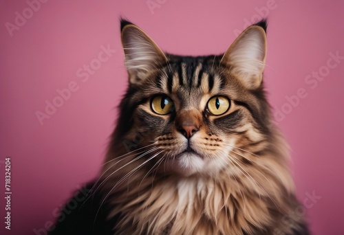 Portrait of a curios long haired black and tan tabby cat with bright yellow eyes focused looking at viewer © FrameFinesse