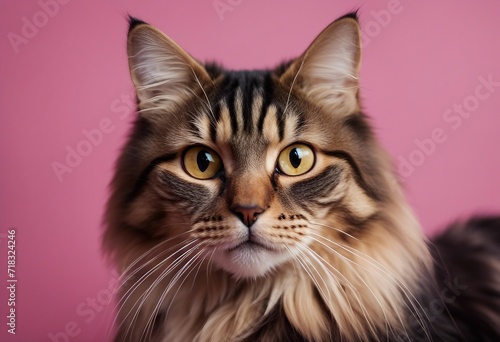 Portrait of a curios long haired black and tan tabby cat with bright yellow eyes looking at viewer on pink background © FrameFinesse