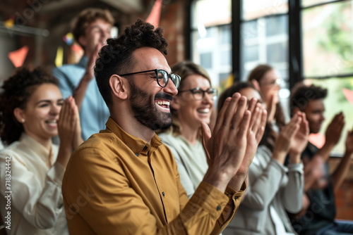 An image capturing the moment of employee recognition with colleagues applauding and celebrating a standout team member. Focus on the joy and appreciation in their expressions, Business team clapping.