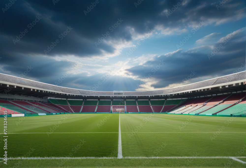 Fototapeta premium field football empty grass soccer sport stadium playground background green arena net day cup event earth place auditorium play ground tournament grandstand nobody worldwide spring row sunny seat or