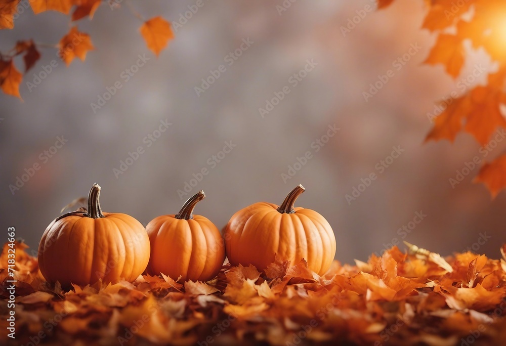Seasonal background Banner with copy-space Trio of Pumpkins on Orange color Fall Concept with a lot of copy space