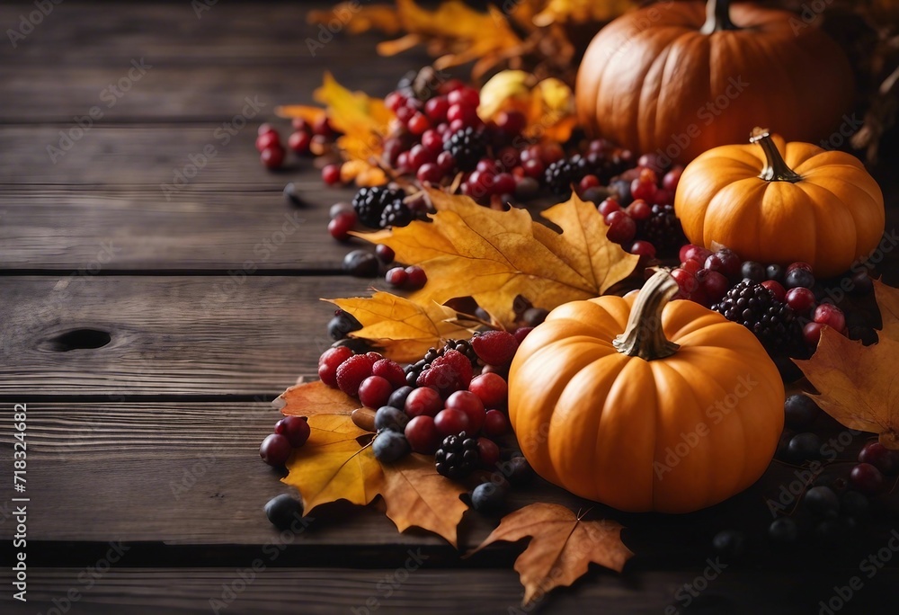 Seasonal Background with Autumn Leaves Pumpkins and Berries on a Dark wood Tabletop Thanksgiving Concept with Copy space