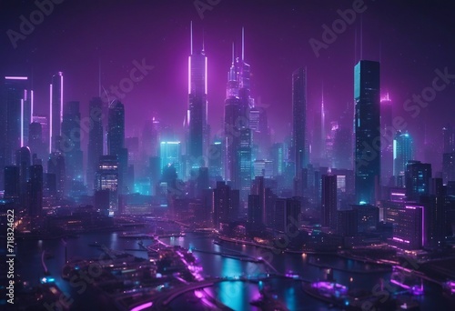 Sci-fi Metropolis with Purple and Cyan Neon lights Night scene with Visionary Skyscrapers Futuristic City at Late night