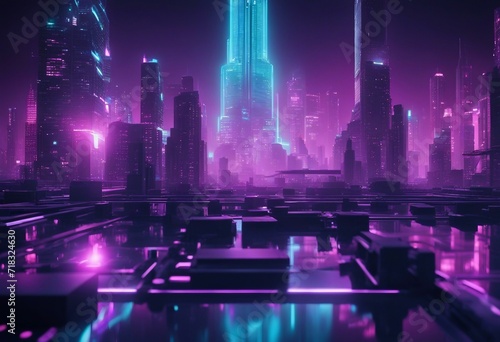 Sci-fi Metropolis with Purple and Cyan Neon lights Night scene with Visionary Skyscrapers at Night