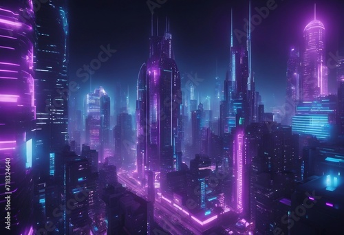 Sci-fi Metropolis with Purple and Cyan Neon lights Night scene with Visionary Skyscrapers