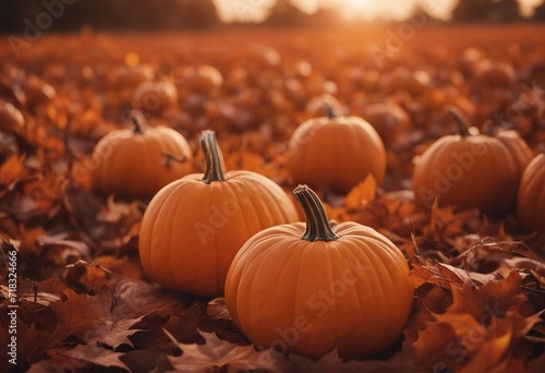 Seasonal background Banner with copy-space Trio of Pumpkins on Orange color Fall Concept