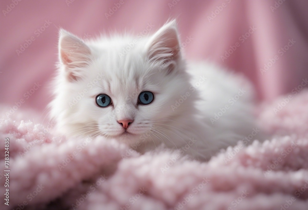 Small fluffy white kitten laying on a fluffy gray blanket looking directly at viewer