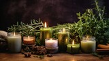  a group of candles sitting on top of a wooden table next to a bunch of herbs and a bundle of cinnamons.